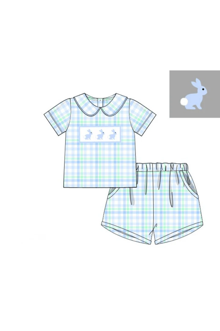 Smocked Bunny Blue and Green Plaid Short Set - Image 4
