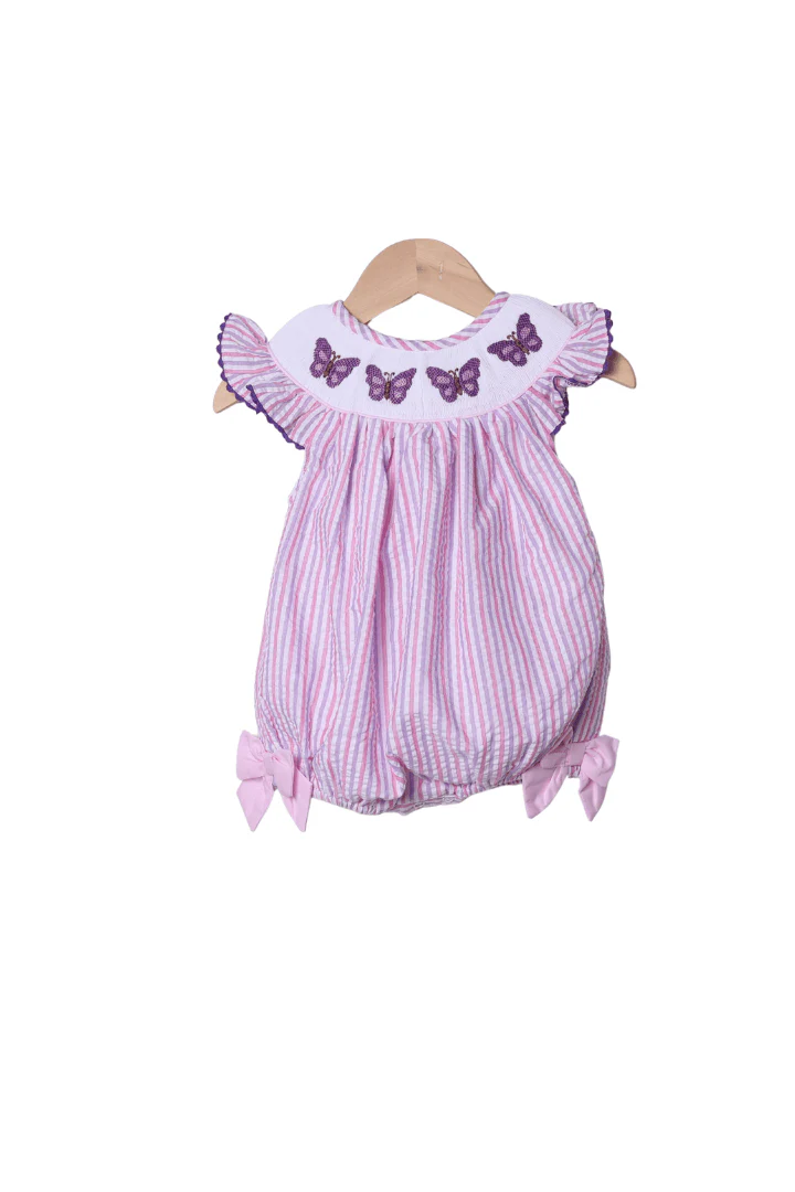 Smocked Butterfly Lavender and Pink Seersucker Bubble