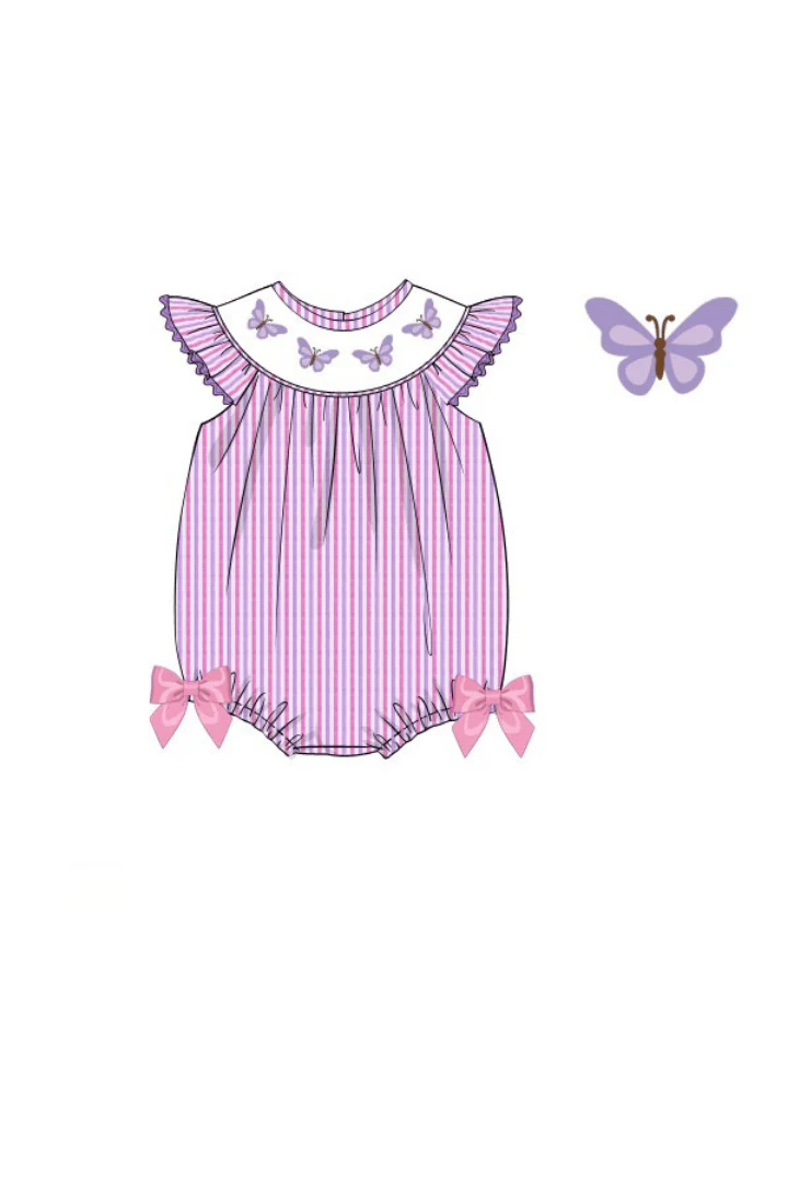 Smocked Butterfly Lavender and Pink Seersucker Bubble - Image 2