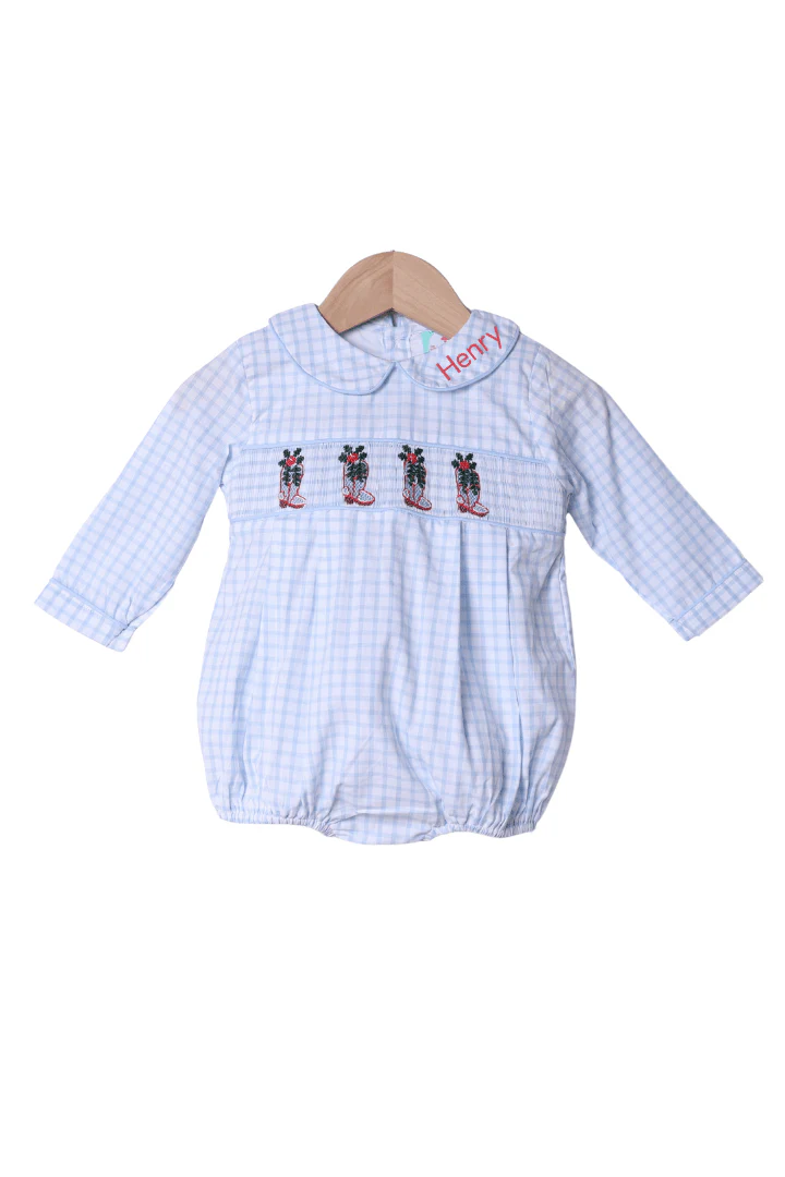 Smocked Christmas Boots Blue Windowpane Bubble