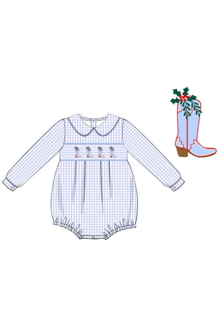 Smocked Christmas Boots Blue Windowpane Bubble - Image 2