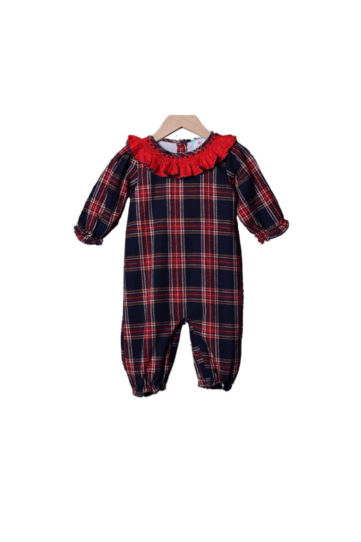 Smocked Christmas Navy Tartan Plaid Ruffle Romper