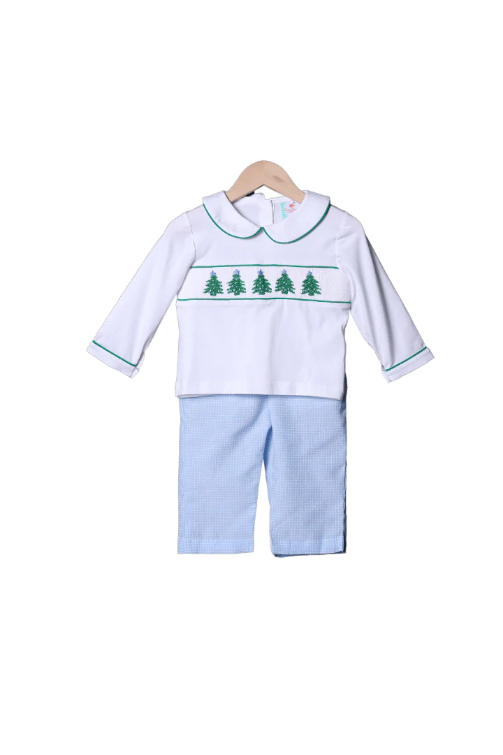 Smocked Christmas Tree Blue Seersucker Pant Set