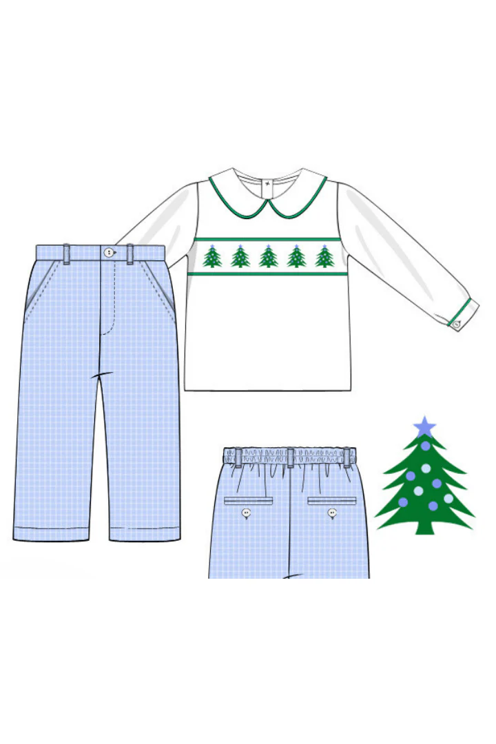 Smocked Christmas Tree Blue Seersucker Pant Set - Image 4
