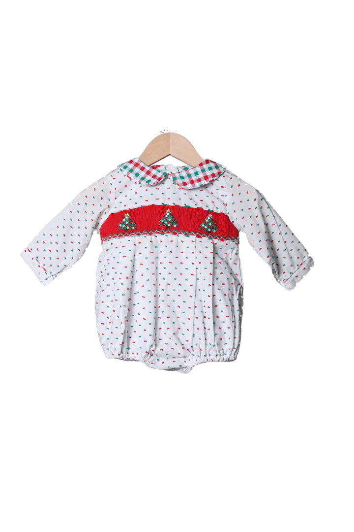 Smocked Christmas Tree Red/Green Swiss Dot Bubble
