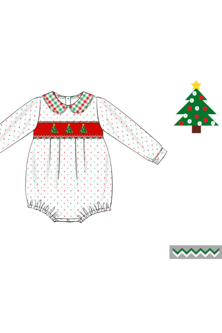 Smocked Christmas Tree Red/Green Swiss Dot Bubble - Image 2