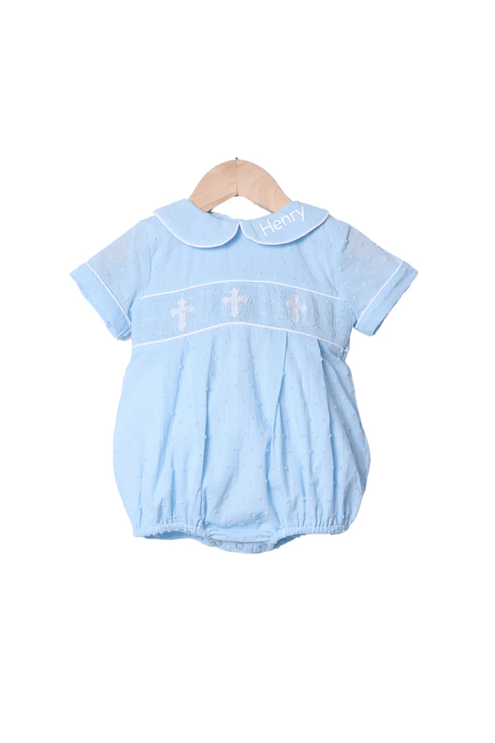 Smocked Cross Blue Swiss Dot Bubble