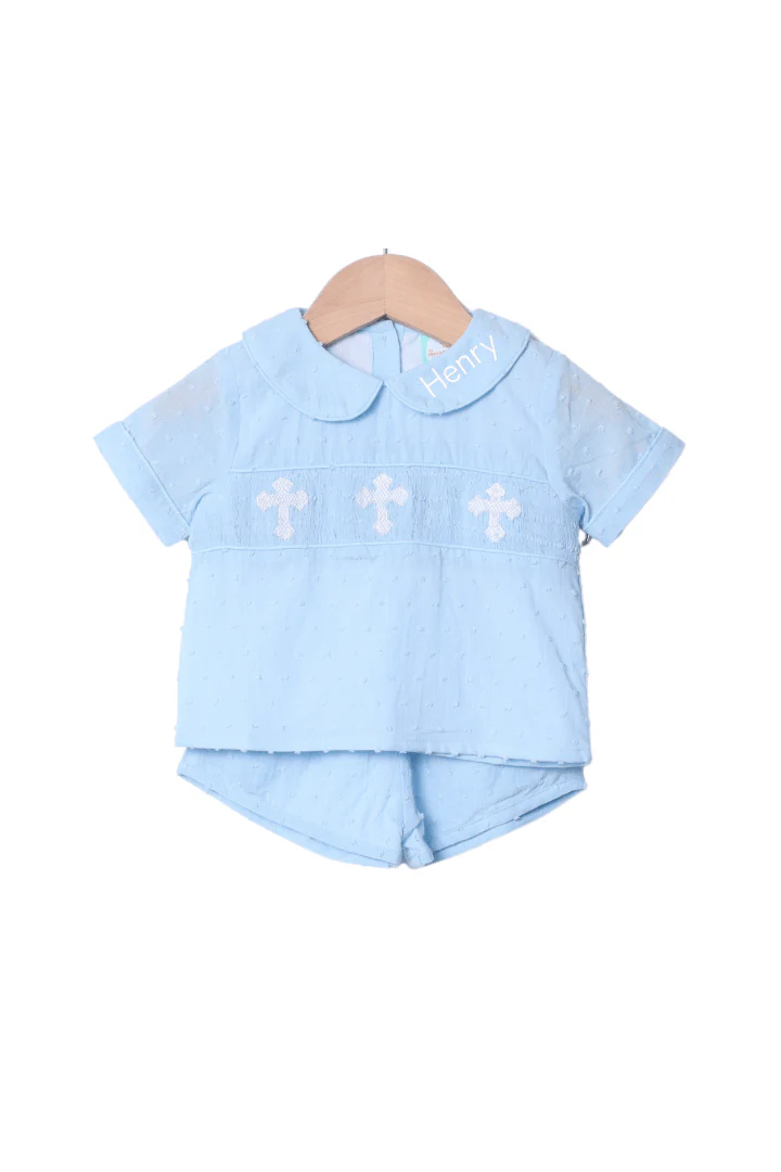 Smocked Cross Blue Swiss Dot Short Set
