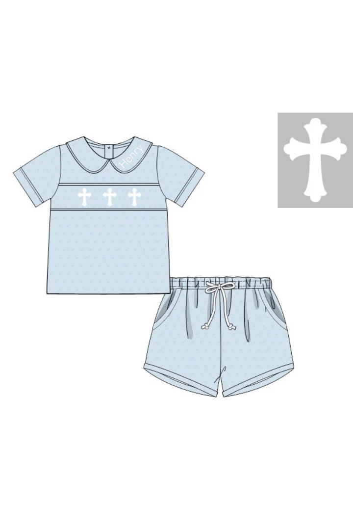Smocked Cross Blue Swiss Dot Short Set - Image 2