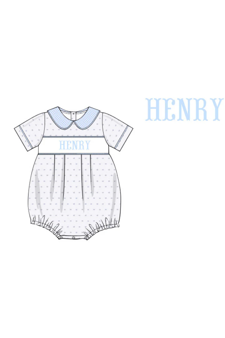 Pre-Order Smocked Custom Name Blue Swiss Dot Bubble