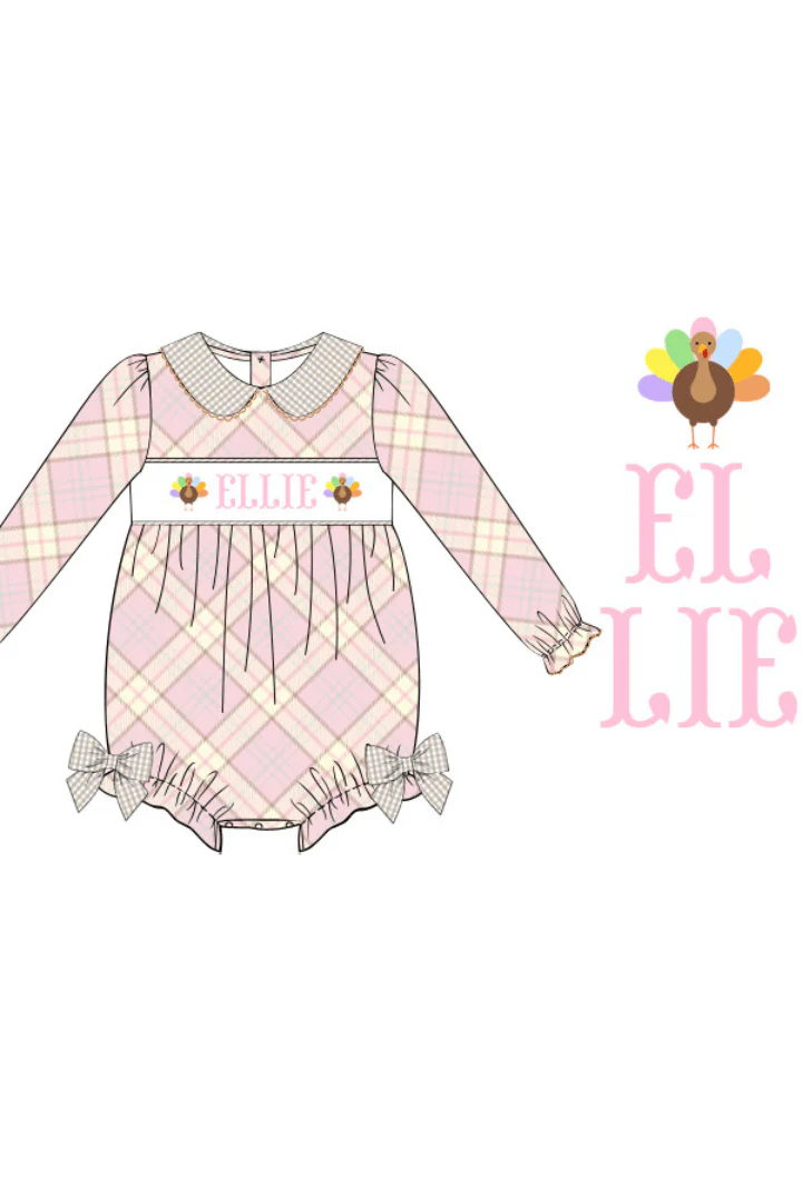 Pre-Order Smocked Custom Name Pink and Khaki Plaid Bubble