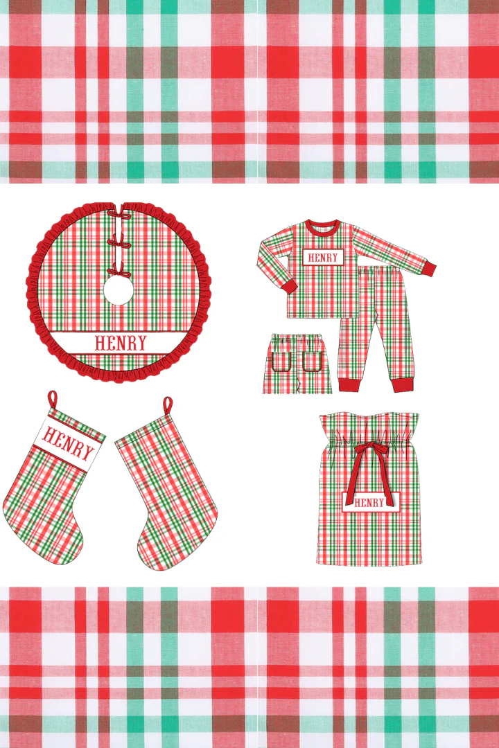 Pre-Order Smocked Custom Name Red and Green Plaid Trimmings