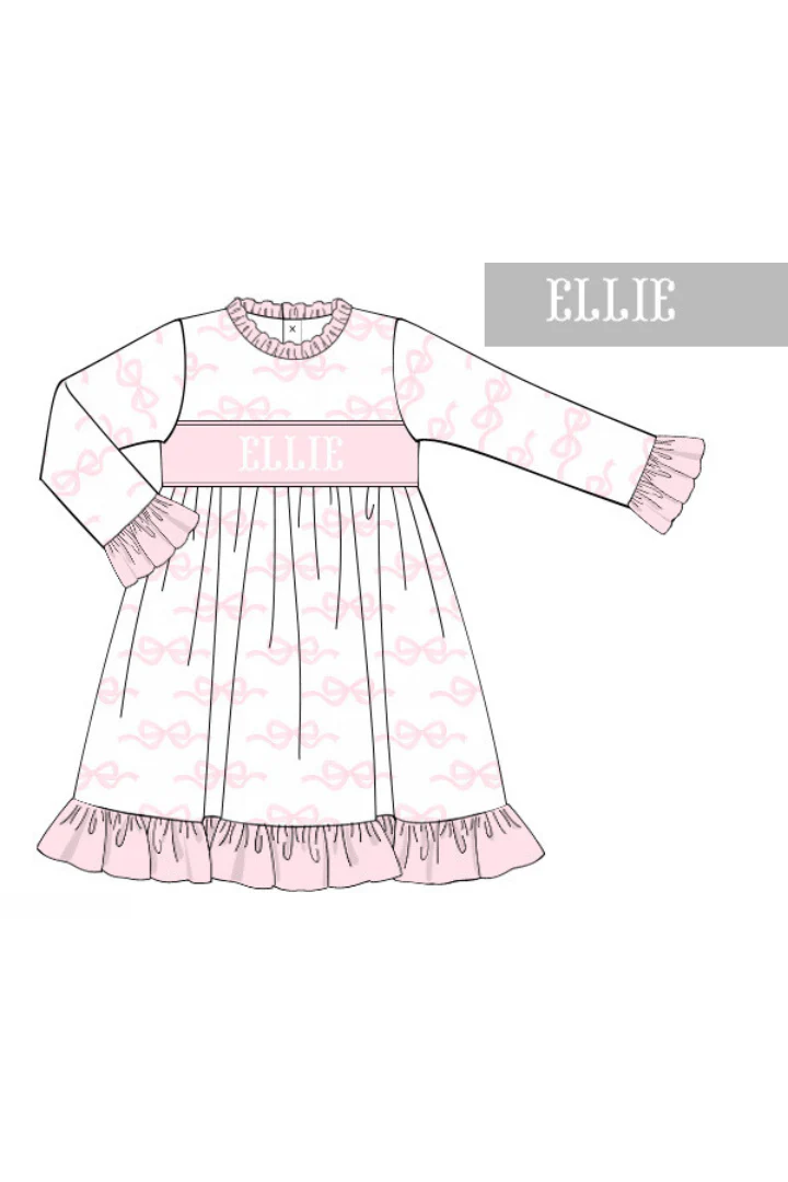 Pre-Order Smocked Custom Name Sweet Bow Ruffle Gown