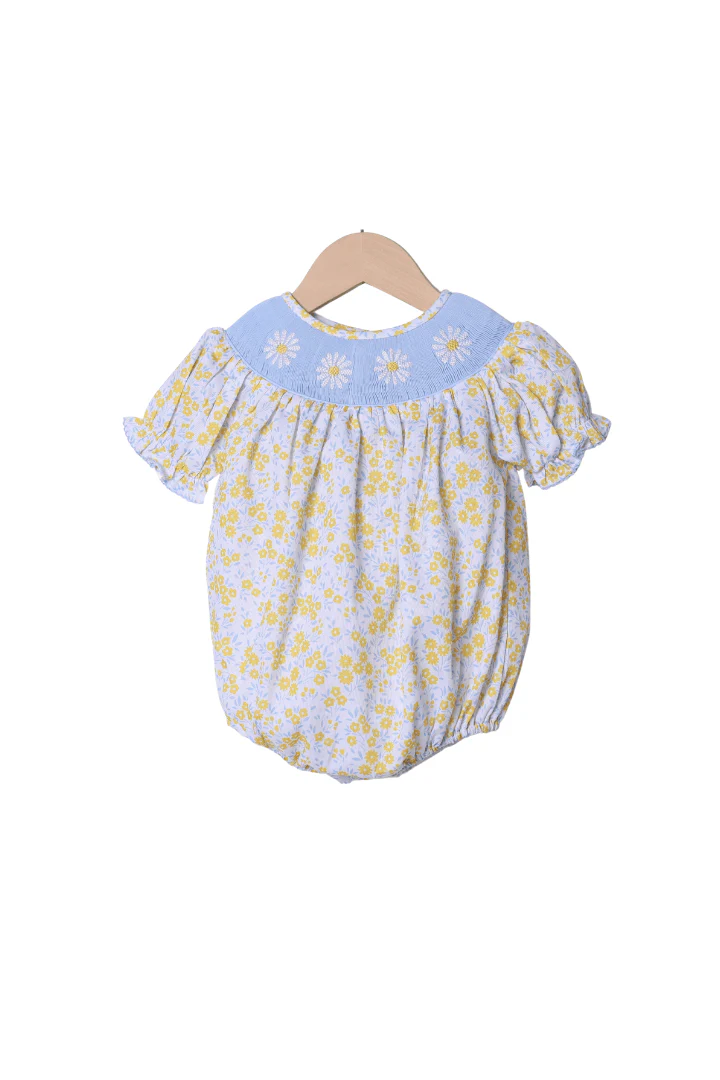 Smocked Daisy Yellow and Blue Floral Bubble