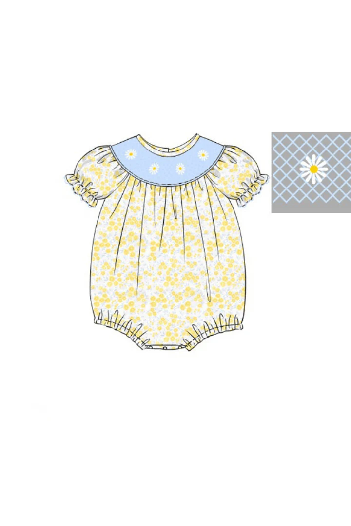 Smocked Daisy Yellow and Blue Floral Bubble - Image 2