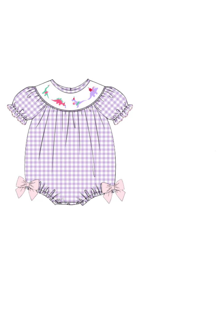 Smocked Dino Party Lavender Gingham Bubble - Image 2