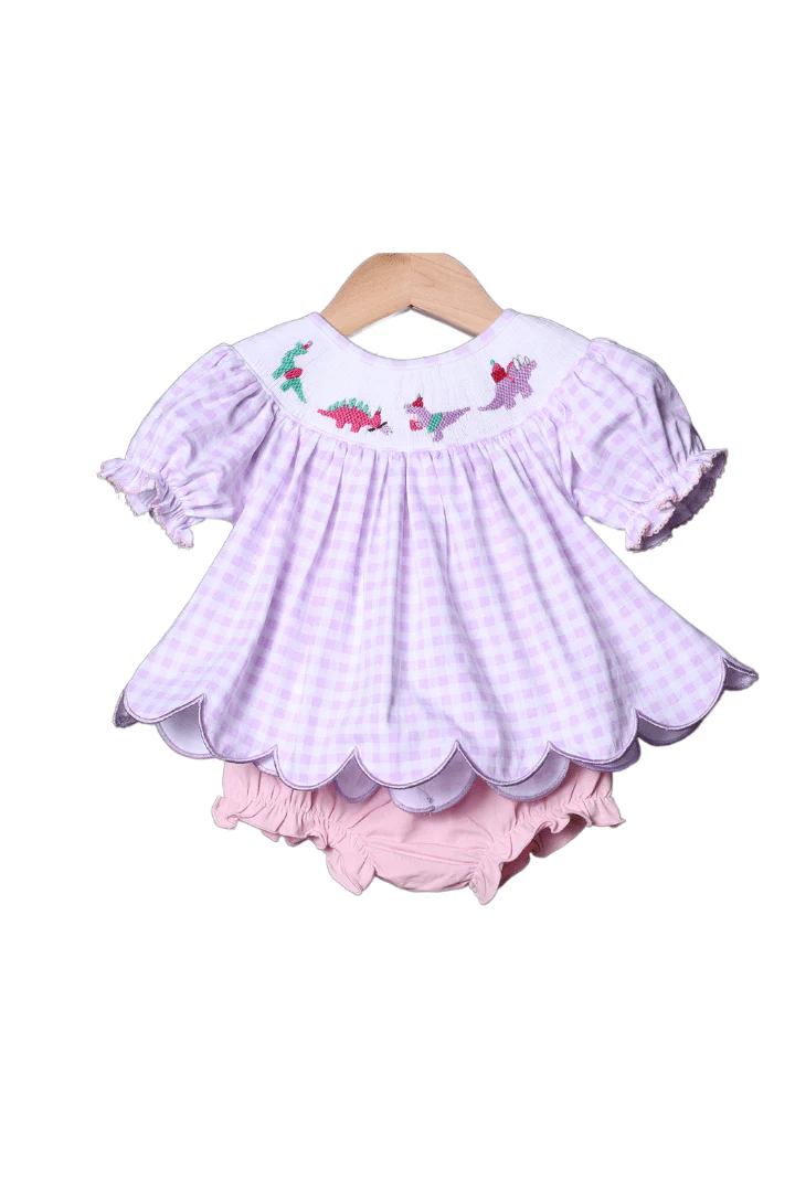 Smocked Dino Party Lavender Gingham Bloomer Set