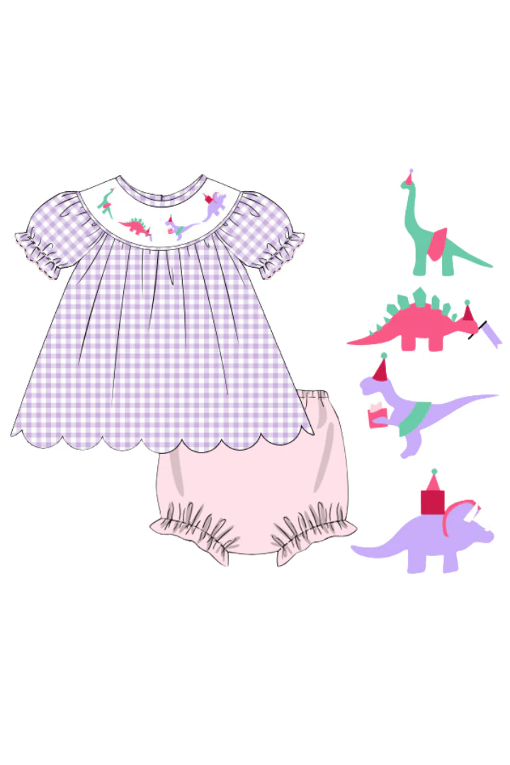 Smocked Dino Party Lavender Gingham Bloomer Set - Image 2