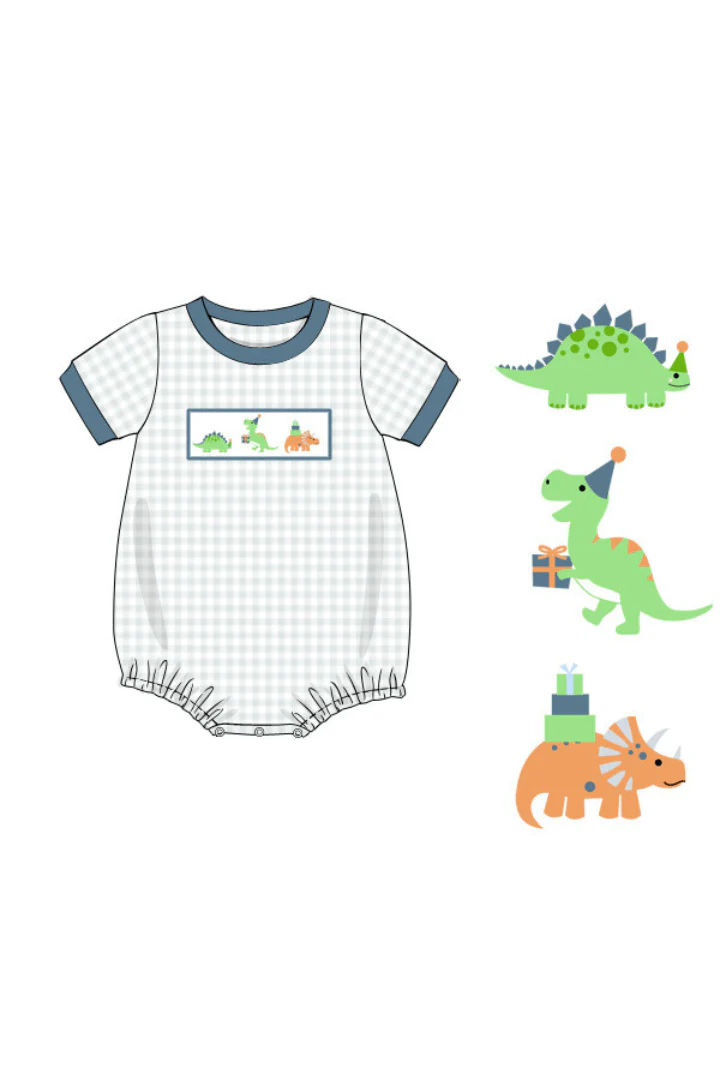 Smocked Dinosaur Party Sage Gingham Bubble - Image 2