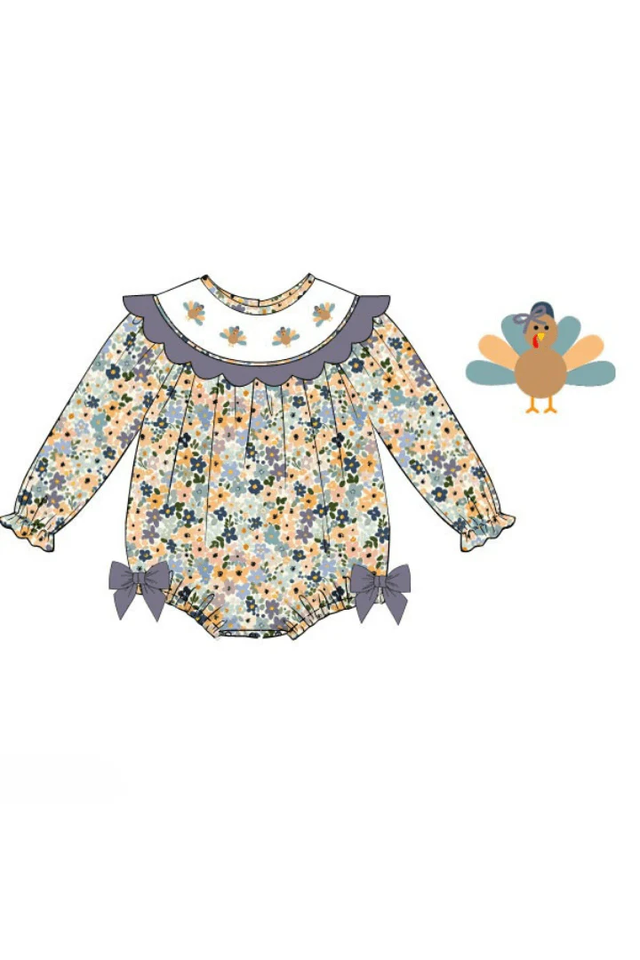Pre-Order Smocked Fall Floral Turkey Bow Bubble
