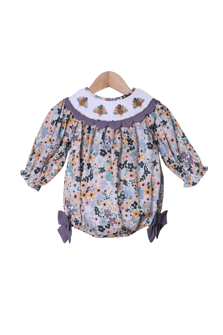 Pre-Order Smocked Fall Floral Turkey Bow Bubble - Image 2