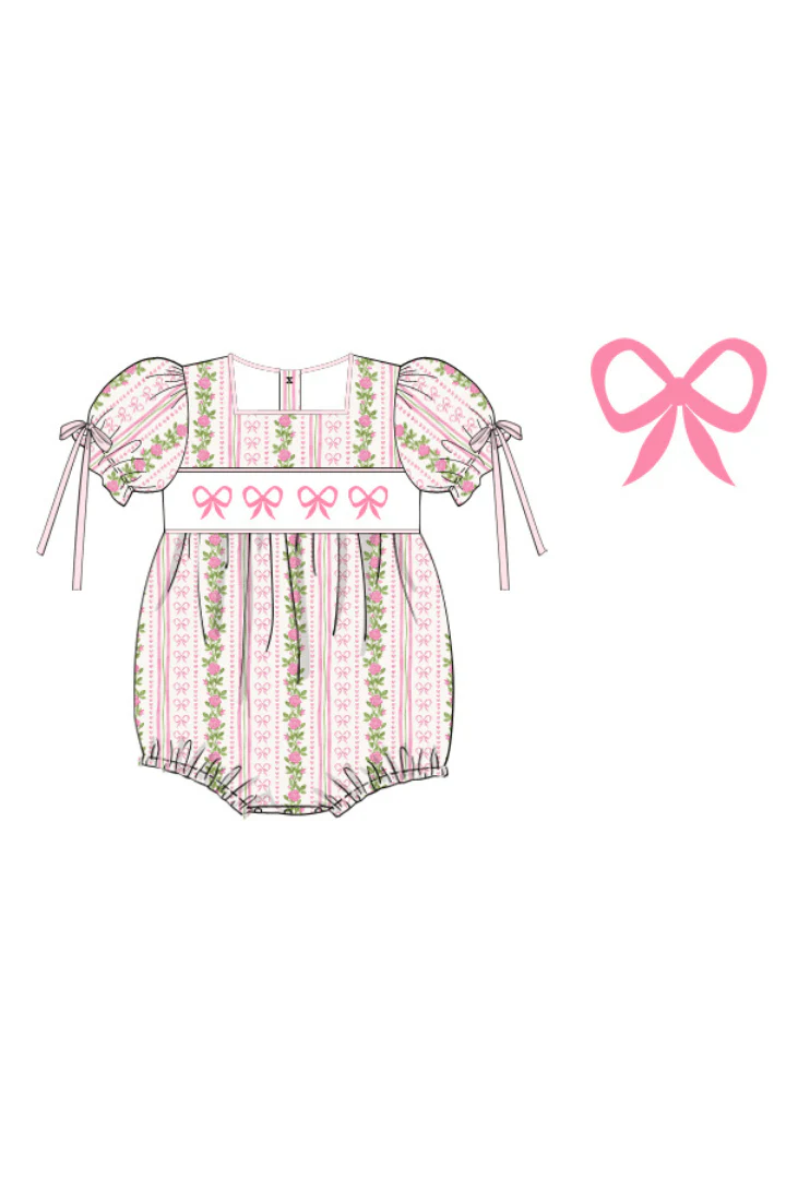 Smocked Fancy Floral Bow Pique Bubble - Image 2