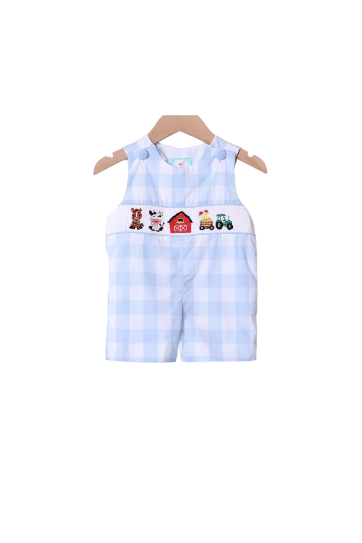 Smocked Farm Fun Blue Gingham Jon Jon