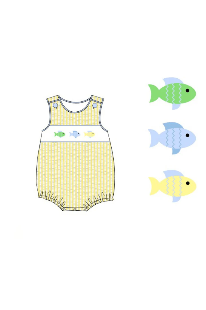 Smocked Fish Blue/Yellow Seersucker Bubble - Image 2