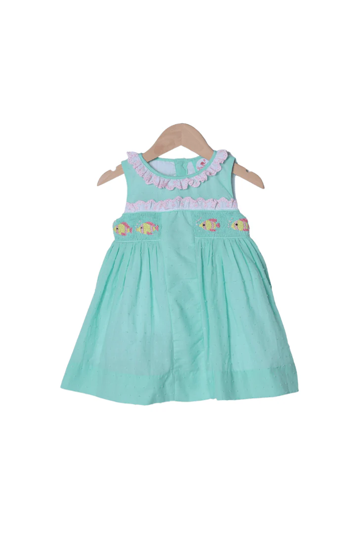 Smocked Fish Mint Swiss Dot Dress