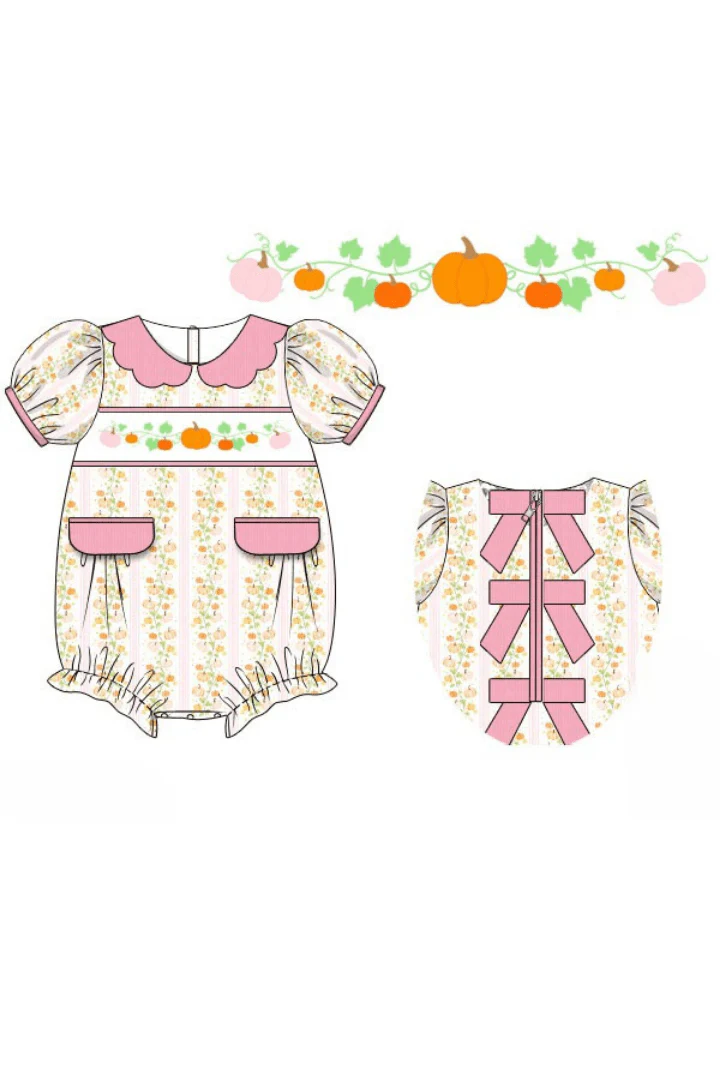 Smocked Floral Pumpkin Pink Bow Bubble - Image 3