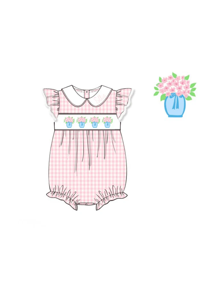 Smocked Flower Bouquet Pink Gingham Bubble - Image 2
