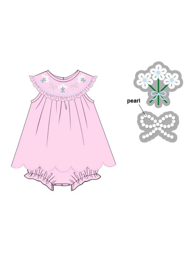 Smocked Flowers and Pearl Pink Knit Skirted Bubble - Image 2