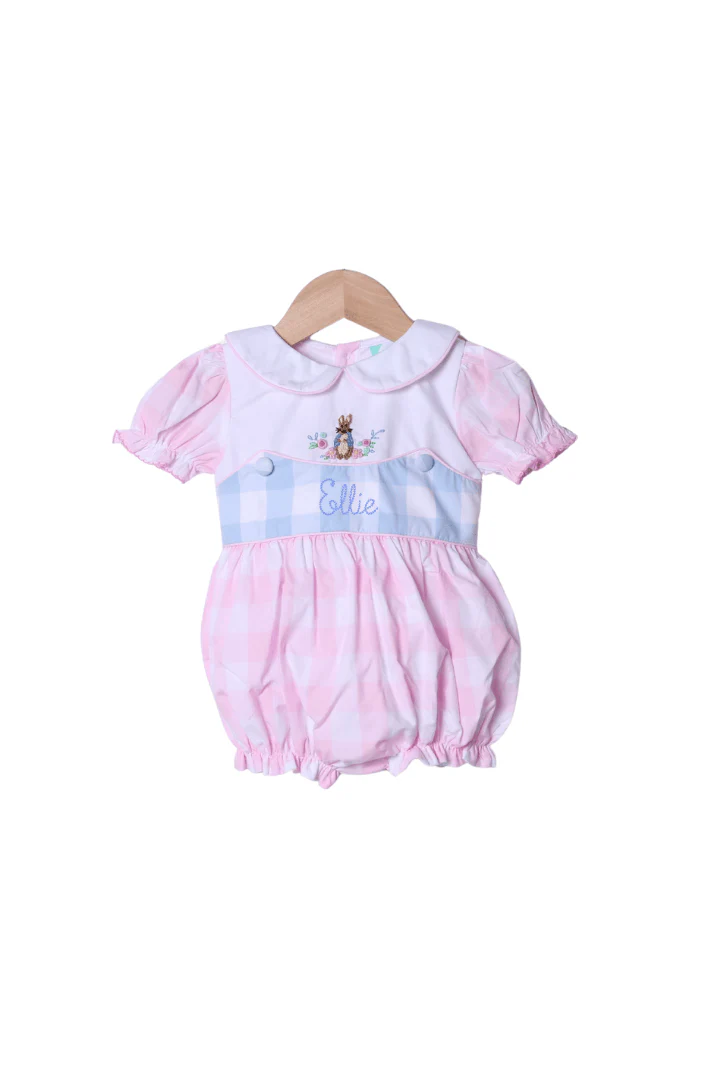 Smocked French Knot Peter Rabbit Pink/Blue Buffalo Check Bubble