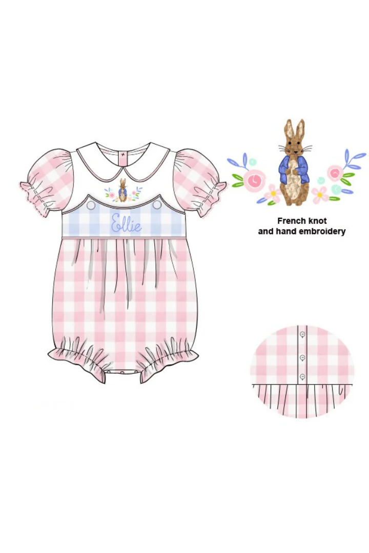 Smocked French Knot Peter Rabbit Pink/Blue Buffalo Check Bubble - Image 2