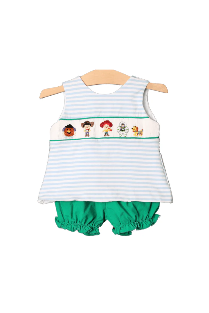 Smocked Friends Blue Stripe Bow Set