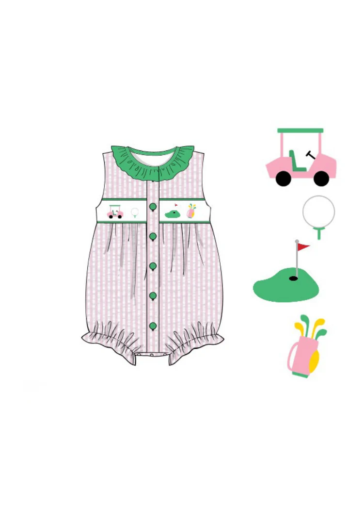 Smocked Golf Pink Seersucker Ruffle Bubble - Image 2