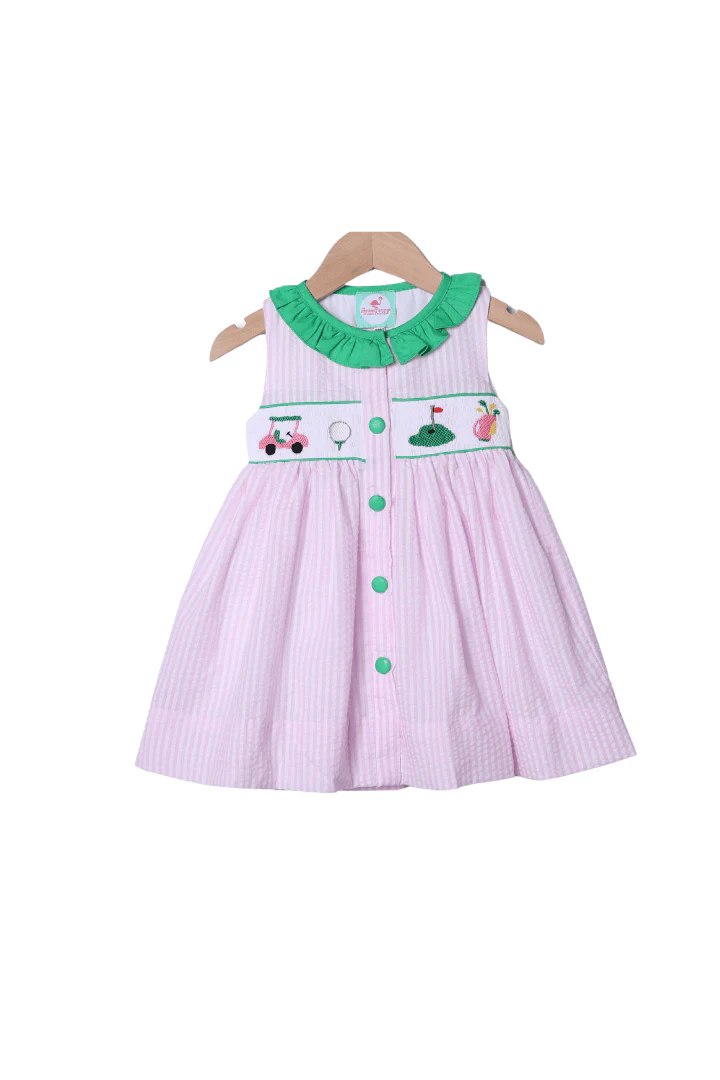 Smocked Golf Pink Seersucker Ruffle Dress
