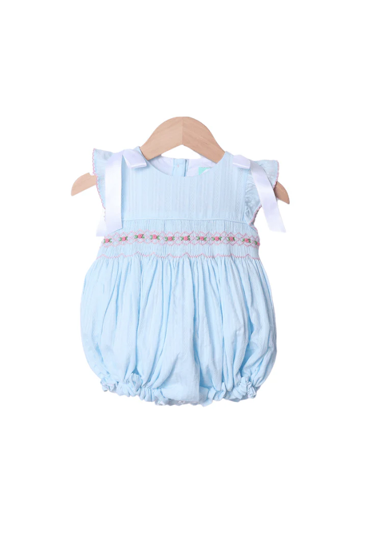 Smocked Heirloom Blue Linen Bow Bubble