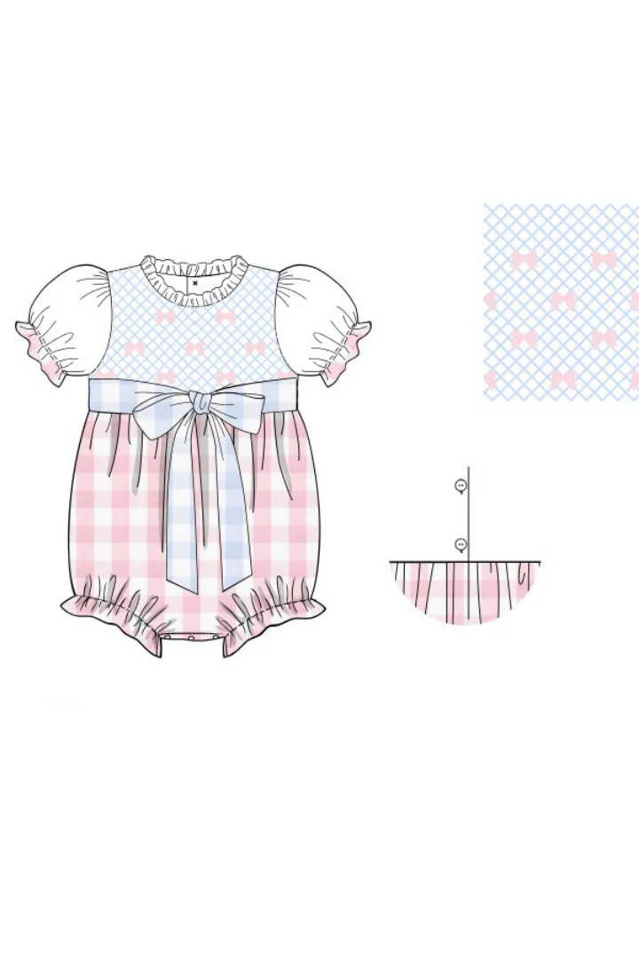 Smocked Heirloom Bow Pink and Blue Buffalo Check Bubble - Image 2