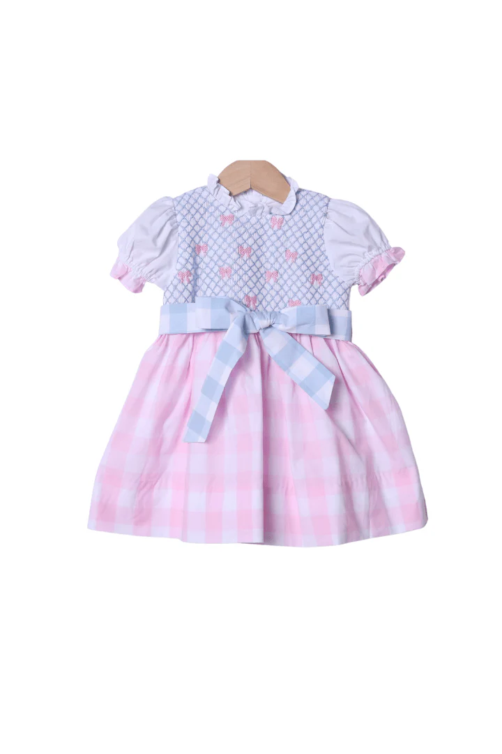 Smocked Heirloom Bow Pink and Blue Buffalo Check Dress