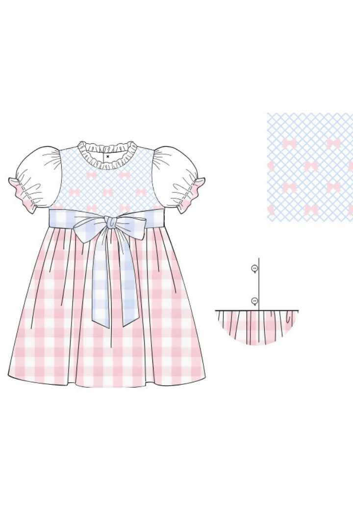 Smocked Heirloom Bow Pink and Blue Buffalo Check Dress - Image 3