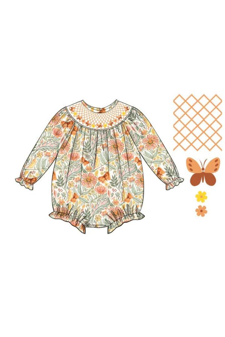 Smocked Heirloom Fall Floral Butterfly Bubble - Image 2