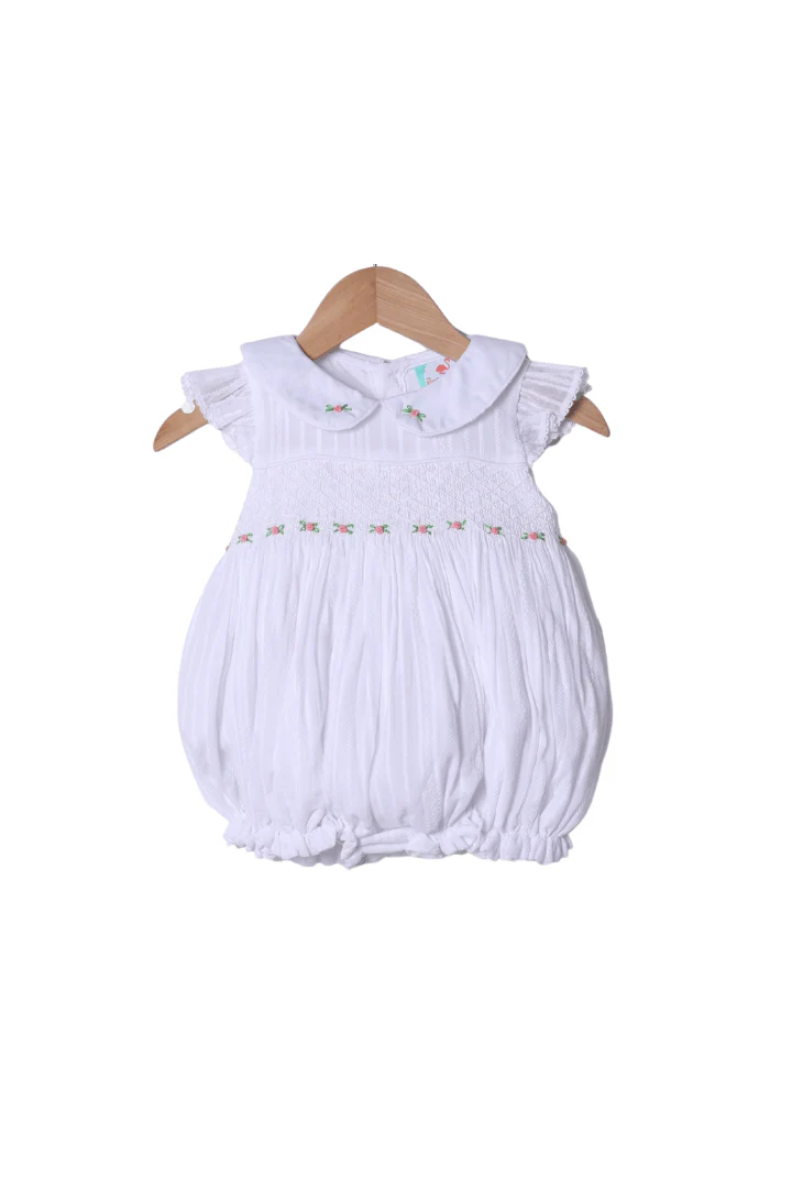 Smocked Heirloom Floret White Linen Bubble