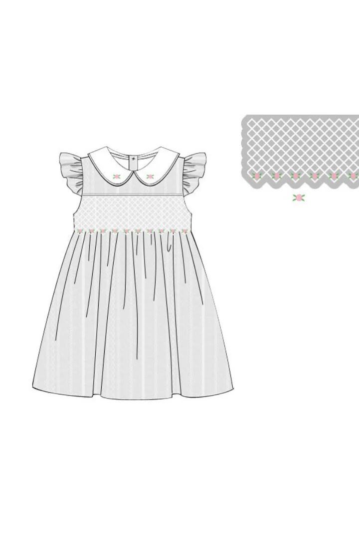Smocked Heirloom Floret White Linen Dress - Image 3