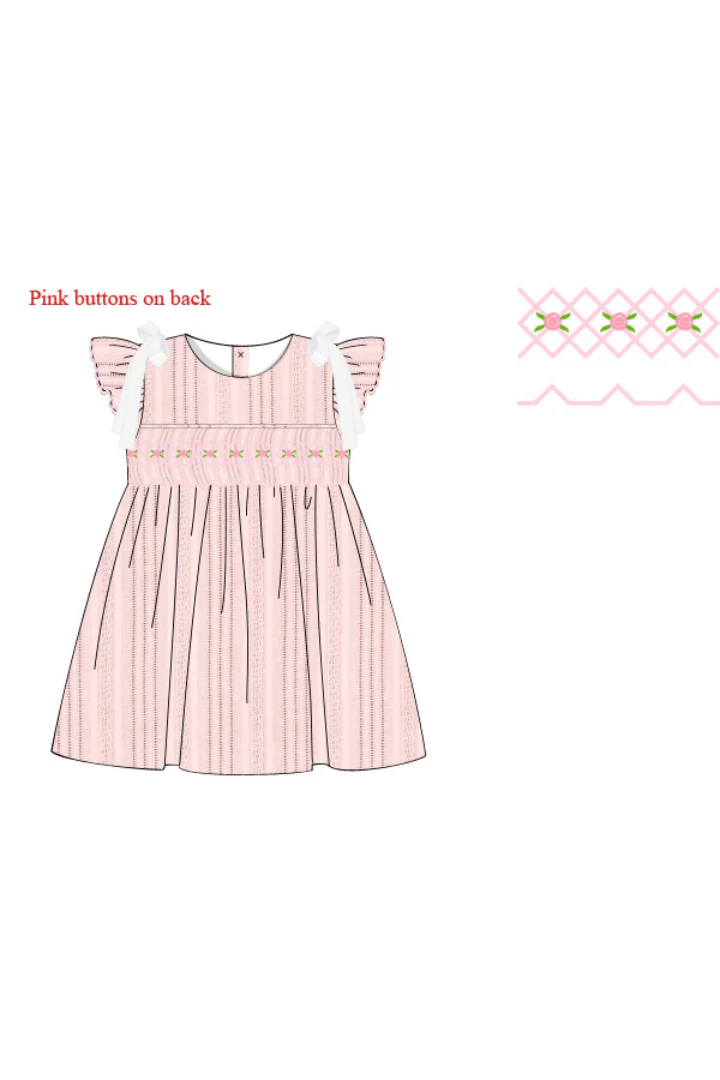 Smocked Heirloom Pink Linen Rosette Dress - Image 2