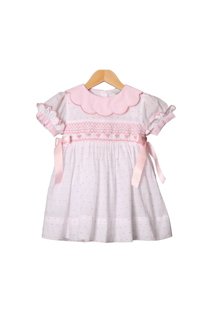 Smocked Heirloom White and Pink Swiss Dot Bow Dress