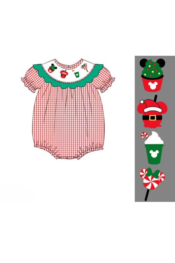 Smocked Holiday Park Snacks Red Windowpane Scalloped Bubble - Image 2