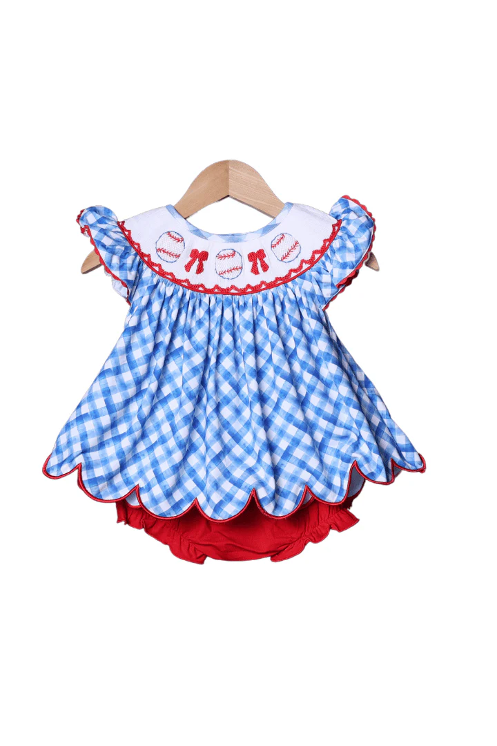 Smocked Baseball Red and Blue Plaid Bloomer Set