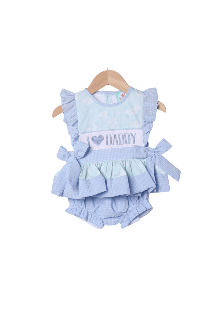 Smocked I Love Daddy Blue and Green Floral Bloomer Set