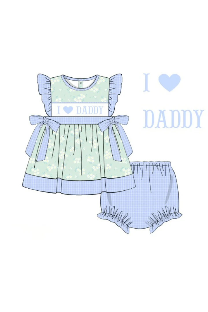 Smocked I Love Daddy Blue and Green Floral Bloomer Set - Image 2